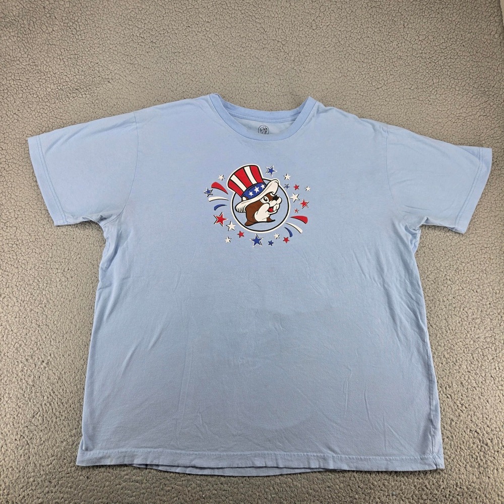 Bucees Patriotic Uncle Sam Beaver Graphic Tee Shirt Womens 2X Light Blue